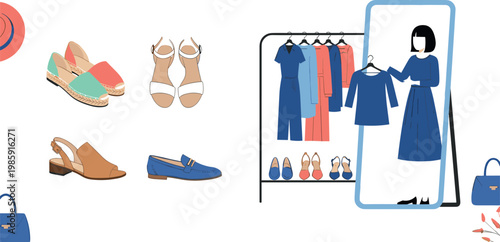 Personal styling and wardrobe selection vector with woman choosing outfit shoes and fashion accessories illustration set