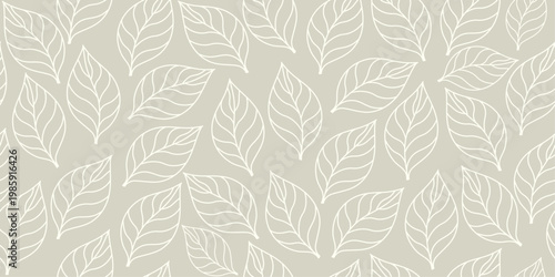 Seamless Vector Illustration Background with Elegant Beige and White Leaf Outline Pattern in Minimal Botanical Natural Style.