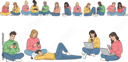 People using smartphones and laptops vector set with sitting poses social media communication and digital lifestyle illustration collection