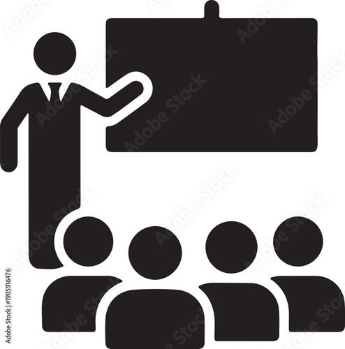 Business Presentation Silhouette with Speaker Explaining on Board to Audience Group Training Seminar Corporate Meeting Vector Illustration