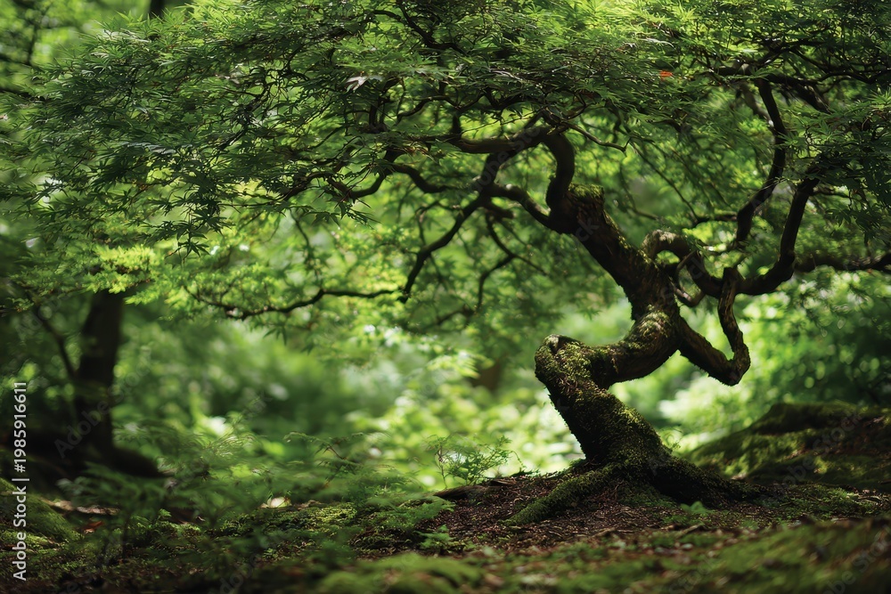 Fototapeta premium Serene forest scene featuring a mature maple with vivid green foliage and soft light