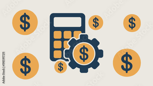 Financial Management and Budget Automation Concept with Calculator and Gear Icons Vector illustration of a calculator and gear with dollar symbols representing financial strategy, cost optimization, 