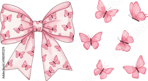 Pink bow with butterfly pattern and flying butterflies soft feminine decorative element watercolor style vector illustration set