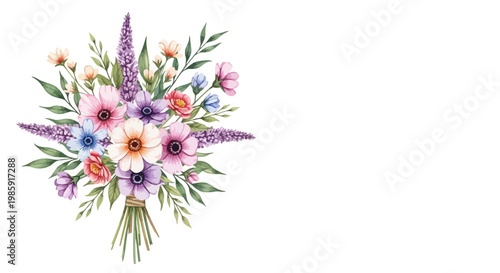 Watercolor floral bouquet illustration with various colorful flower arrangements
