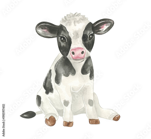 Cute calf sitting on the ground in a watercolor style artwork