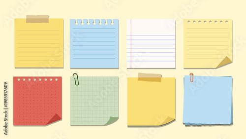 Isolated Pastel Sticky Note Collection Flat Style Memo Paper Set with Lined Grid and Dot Sheets with Tape and Clip Elements for UI Design
