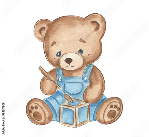 Cute bear plays with block in watercolor art