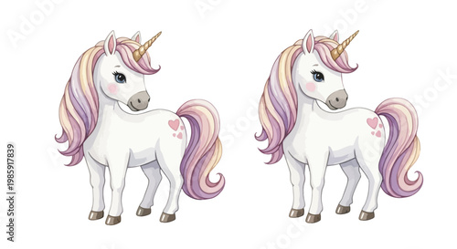 Charming illustrations of two mythical unicorns with pastel colored manes and tails