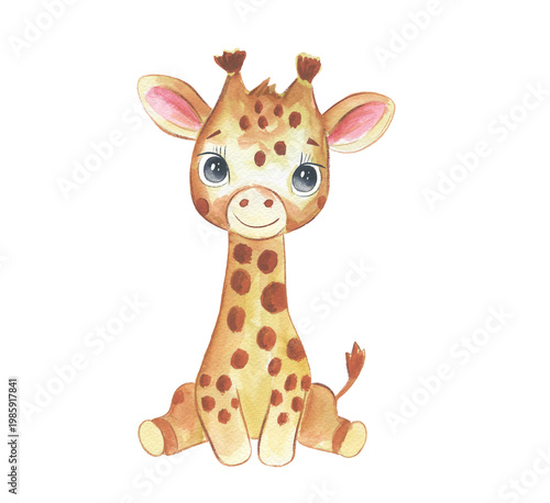 Cute giraffe sitting and smiling in watercolor style