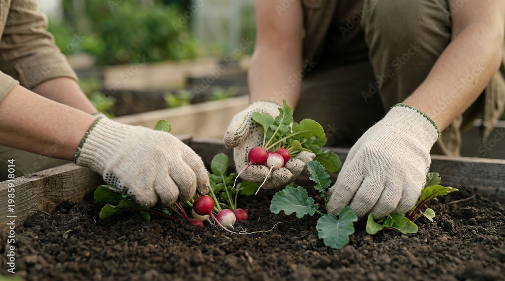 Fototapeta premium Hands harvesting radishes from soil in raised bed garden, close-up organic produce