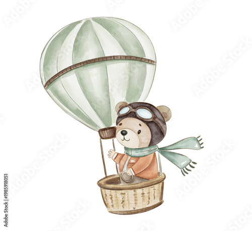 Teddy bear in a hot air balloon flying above a green landscape