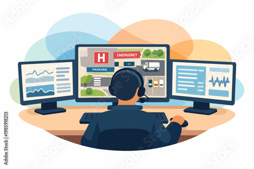 Emergency Dispatcher Working with Multiple Monitors in Control Room