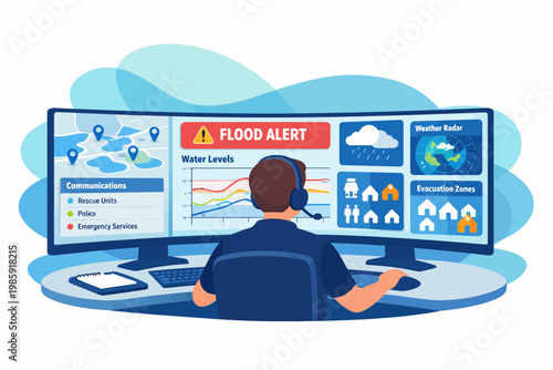 Emergency Dispatcher Monitoring Flood Alert at Command Center