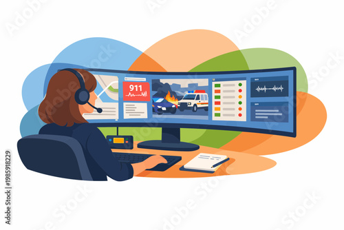 911 Emergency Dispatcher Working at Command Center with Multiple Screens