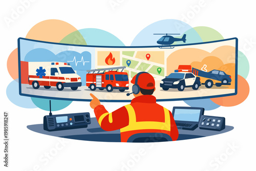 911 Emergency Dispatcher Monitoring Rescue Vehicles at Control Center