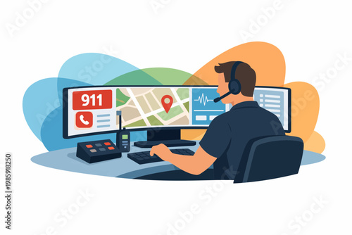 911 Emergency Dispatcher Working at Multi Monitor Control Station