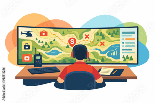 Emergency Dispatcher Monitoring Rescue Operation on Wide Screen