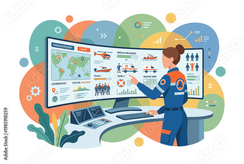 Emergency 911 Dispatcher Managing Rescue Operations on Control Panel