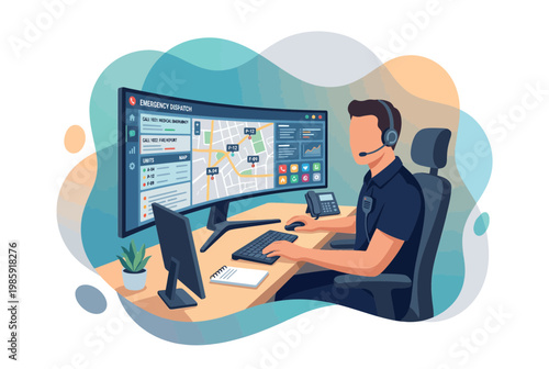 Male Emergency 911 Dispatcher Working on Curved Computer Monitor