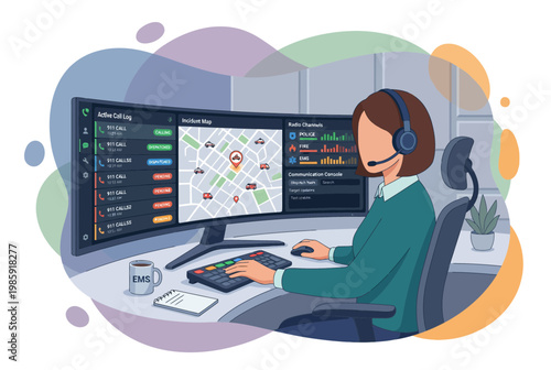 Female 911 Emergency Dispatcher Working at Control Center Console