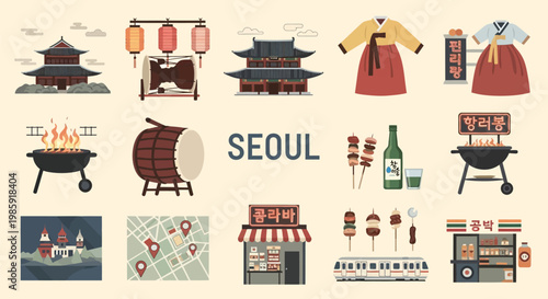 Vibrant illustration of Seoul's iconic landmarks, traditional clothing, street food, and transportation, capturing the essence of Korean culture and urban life.
