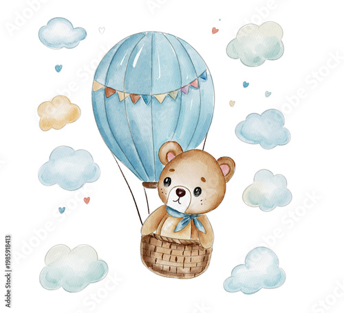 Teddy bear in a hot air balloon flying above a green landscape