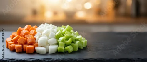 Obraz  z motywem Fresh diced vegetables including orange carrots, white onions and green celery arranged on dark slate board in modern kitchen for cooking preparation.