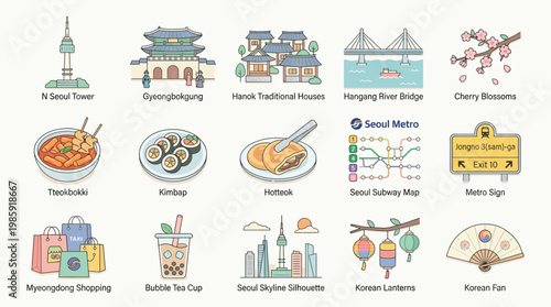 A vibrant collection of Korean cultural icons and landmarks, showcasing popular attractions, food, and symbols of South Korea.