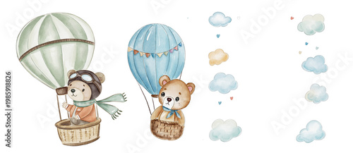 Teddy bear in a hot air balloon flying above a green landscape