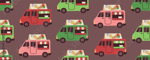 Ice cream truck seamless pattern in flat hand-drawn style. Vector background with colorful food trucks and gelato vans for kids textile, summer party wallpaper, nursery decor and wrapping paper. Isola