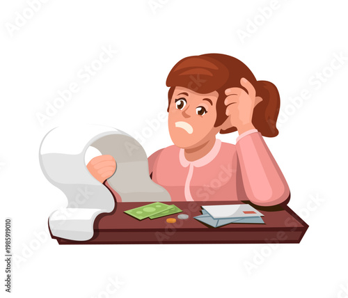 Worried Woman Checking Bills and Expenses – Financial Stress and Debt Concept Illustration