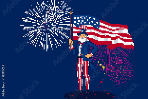 Pixel Art: Uncle Sam, American Flag, and Fireworks Celebrating Independence Day.
