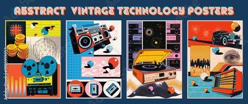 Abstract Poster Set. 1920s, 1950s, 1980s Style. Retro Car, Retro Radio, Vinyl and Cassette Recorders, Bobbins, Coins, Cityscape, Abstract Objects and Vintage Colors