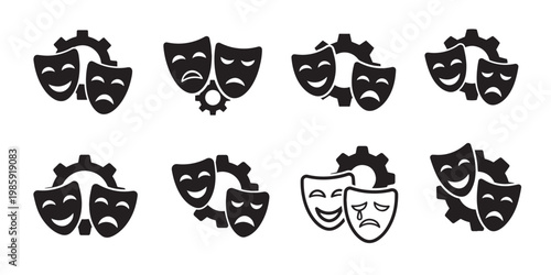 Set of theater masks and gears icons with tragedy mask comedy mask performance