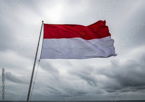 Indonesian Flag Flying Against Dramatic Cloudy Sky, National Symbol