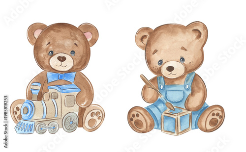 Cute bear plays with block in watercolor art