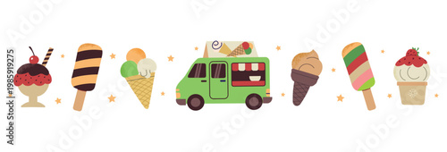 Ice cream truck and frozen desserts horizontal border in flat hand-drawn style. Vector illustration with gelato scoops, popsicles, waffle cones and food van for summer beach banner, kids party header 