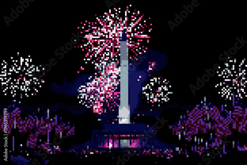 Pixelated Fireworks over the Washington Monument: A Fourth of July Celebration
