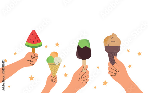 Hands holding various ice cream desserts in flat hand-drawn style. Vector illustration of people with watermelon popsicle, chocolate gelato and waffle cones for summer party banner, cafe menu and vaca