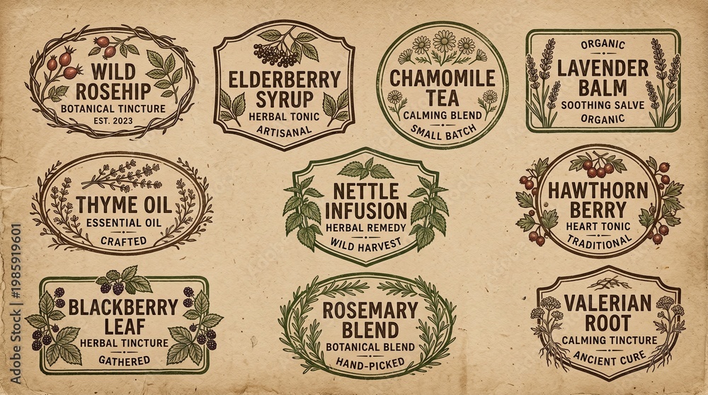 Obraz premium Hand Drawn Organic Botanical Label Frames Vintage Letterpress