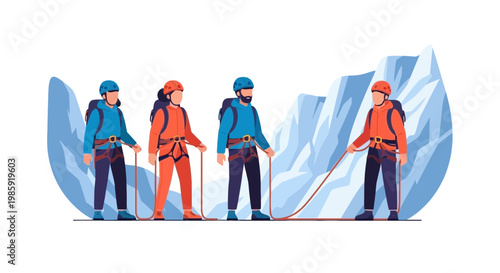 Group of Mountaineers Trekking in Icy Mountain Landscape