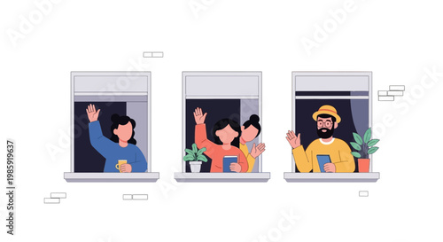 People waving and greeting through window sills in a modern illustration