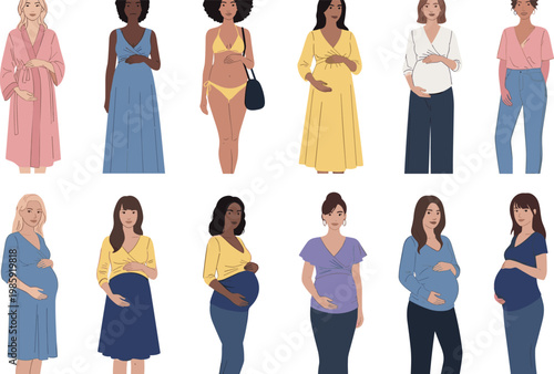 Pregnant women vector collection with diverse maternity outfits standing poses and motherhood lifestyle illustration set