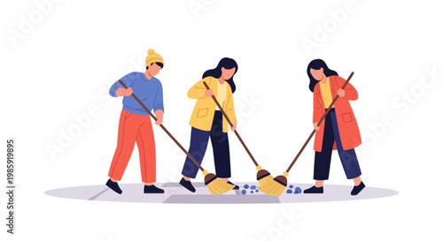 Group of People Cleaning a Public Space with Brooms and Dustpan