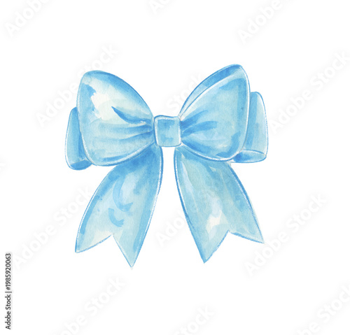 Blue ribbon with white dots created in watercolor style