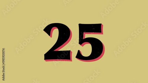 30-second vintage print-inspired countdown on khaki background with black numbers, muted coral offset shadow, subtle bouncing motion, and flickering grain texture.