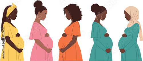 Pregnant women vector illustration set with diverse mothers holding belly maternity fashion and pregnancy lifestyle collection
