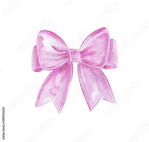 Watercolor pink bow with ribbons on a white background