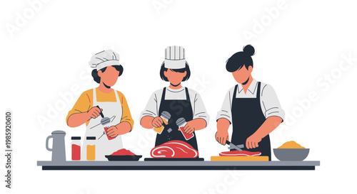 Chefs Preparing Meat and Ingredients in a Modern Kitchen