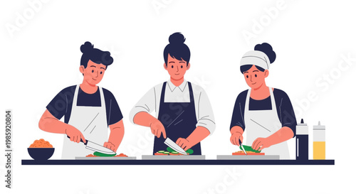 Cooking Class with Three Chefs Preparing Food in the Kitchen